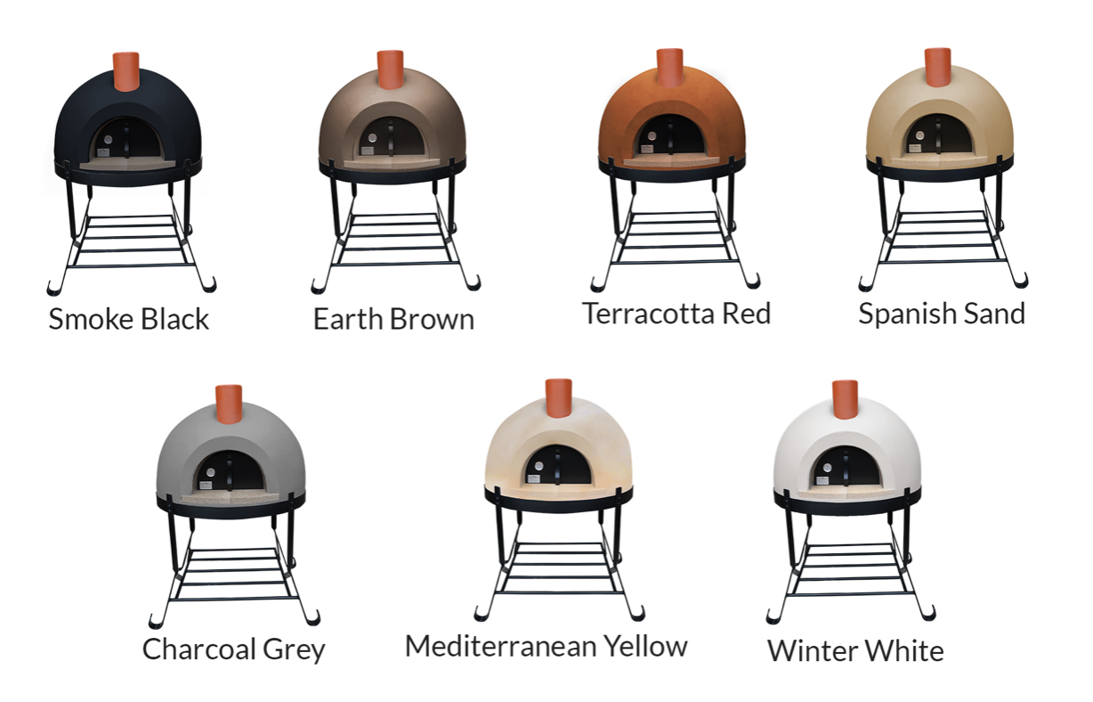 Forno Bravo Toscana available stucco colors: Smoke Black, Earth Brown, Terracotta Red, Spanish Sand, Charcoal Grey, Mediterranean Yellow, Winter White