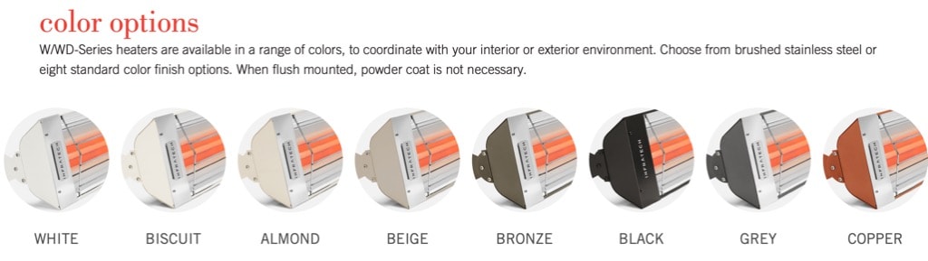Infratech W/WD-Series heater color options: White, Biscuit, Almond, Beige, Bronze, Black, Grey, Copper