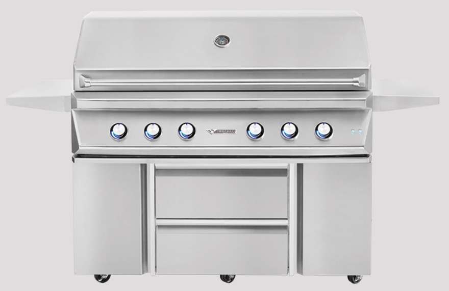 TWIN EAGLES 54” GRILL WITH ROTISSERIE AND SEAR ZONE ON CART BASE WITH STORAGE DRAWERS TEBQ54RS-C + TEGB54SD-B